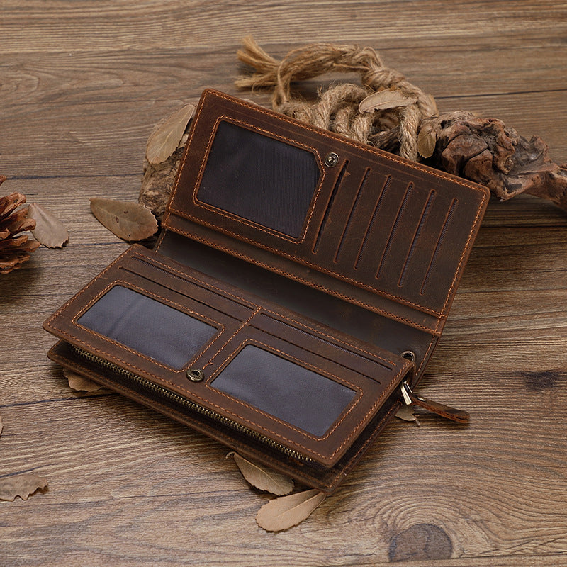 Men’s Crazy Horse Leather Long Wallet – Large Capacity Zipper Wallet with Multiple Card Slots