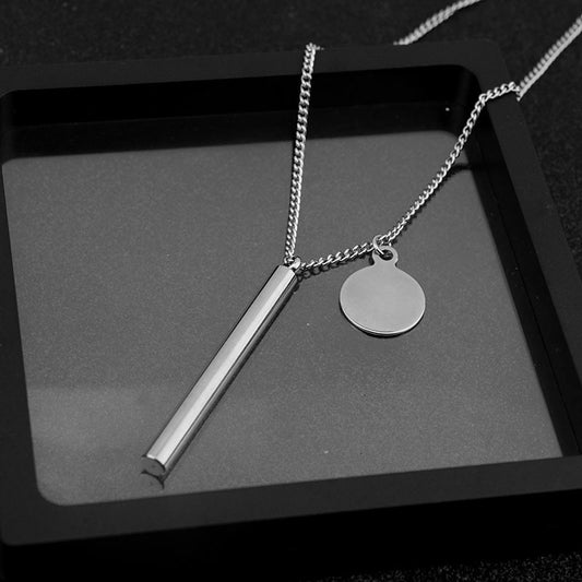 Minimal Stainless Steel Double Pendant Necklace – Long Bar & Round Disc Chain for Unisex