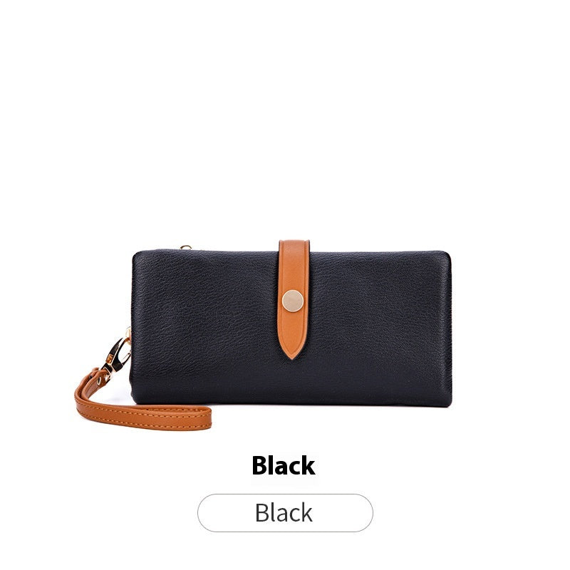 Women’s Contrast Color Long Zipper Multi-Functional Fashion Wallet – Soft Leather Handbag Style Clutch