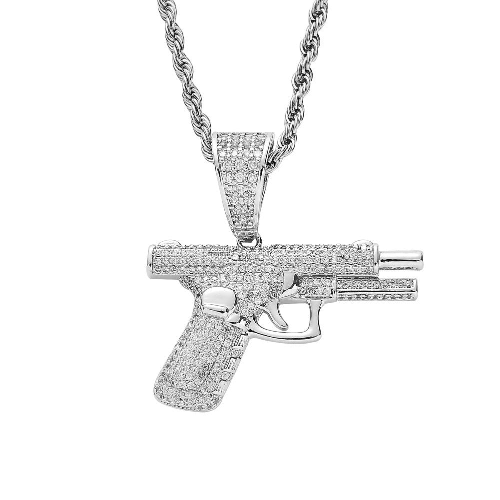 Hip Hop Gun Pendant Necklace – Iced Diamond Inlay Chain for Men