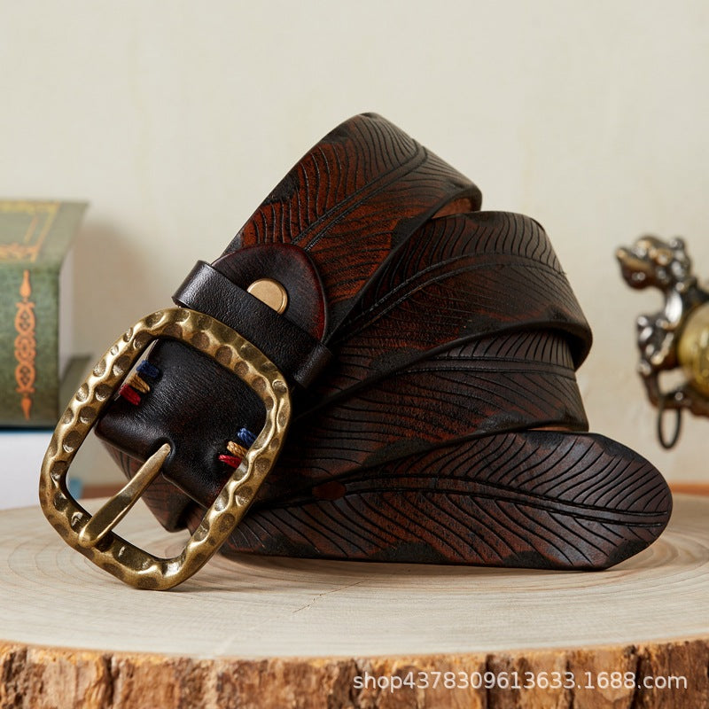Vintage Engraved Buckle Leather Belt for Men – Heritage Design with Premium Finish