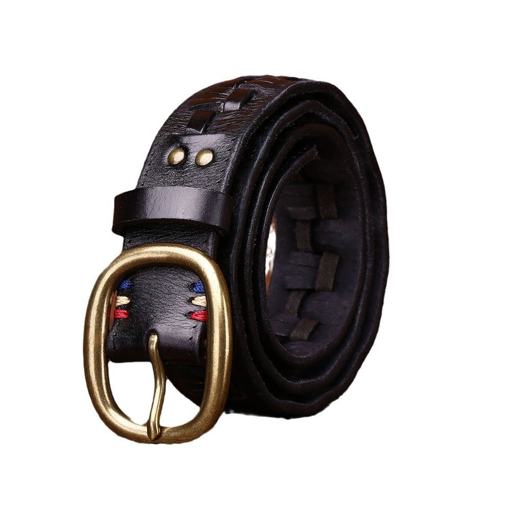 Men’s Hand-Woven First Layer Cow Leather Belt – Vintage Brass Buckle, Premium Handmade Style