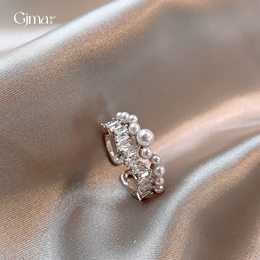 French-Style Open Pearl Ring for Women – Minimalist Hollow Circle Silver Ring