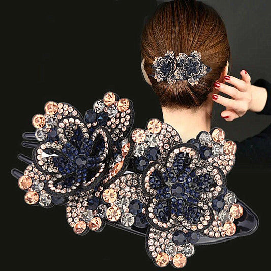 Double Crystal Flower Duckbill Hair Clip – Elegant Rhinestone Barrette for Women