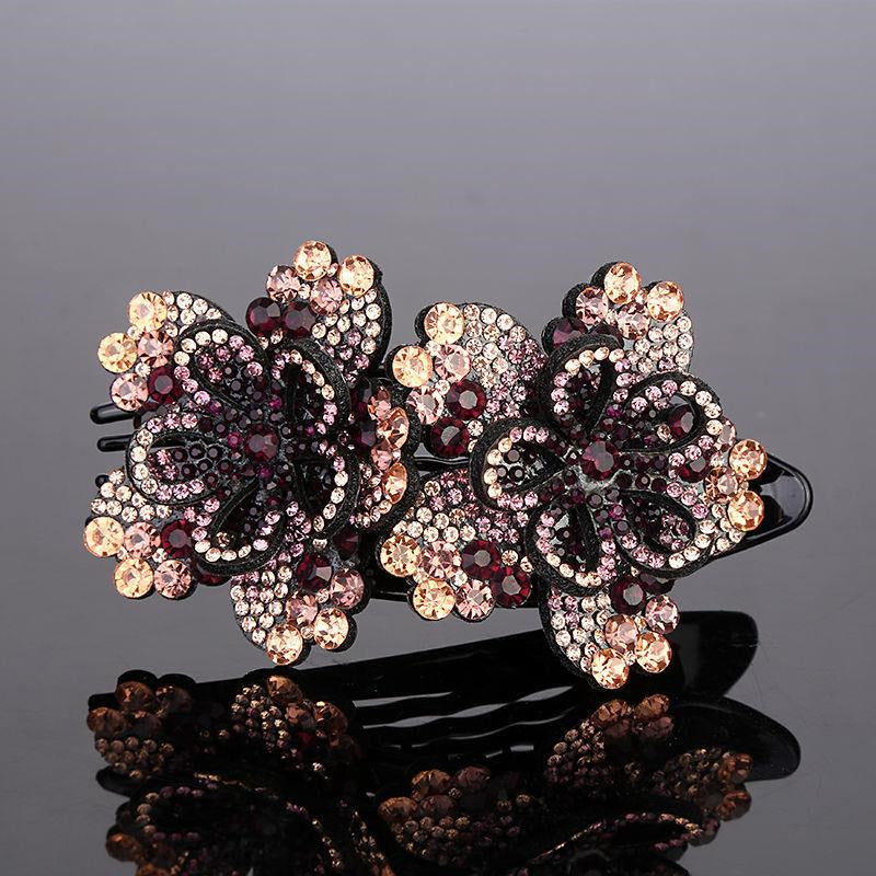 Double Crystal Flower Duckbill Hair Clip – Elegant Rhinestone Barrette for Women