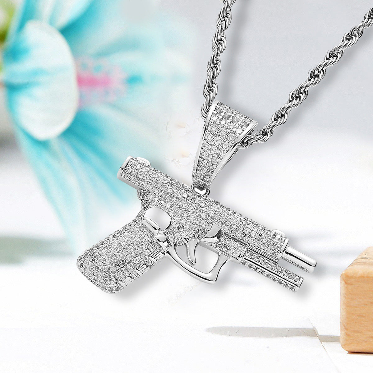 Hip Hop Gun Pendant Necklace – Iced Diamond Inlay Chain for Men