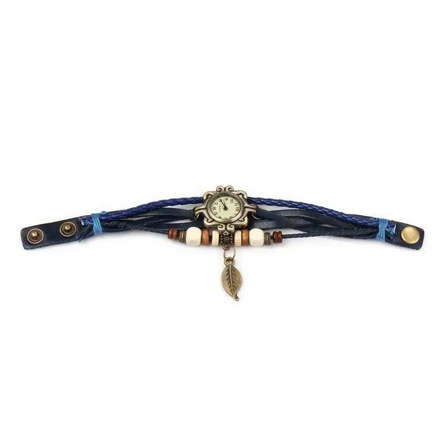 Bohemian Retro Leather Wrap Bracelet Women’s Quartz Watch – Handmade Two-Leaf Charm Design