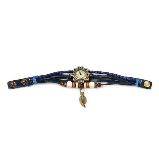 Bohemian Retro Leather Wrap Bracelet Women’s Quartz Watch – Handmade Two-Leaf Charm Design