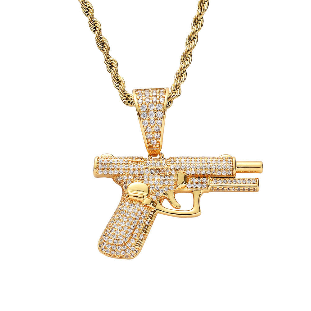Hip Hop Gun Pendant Necklace – Iced Diamond Inlay Chain for Men