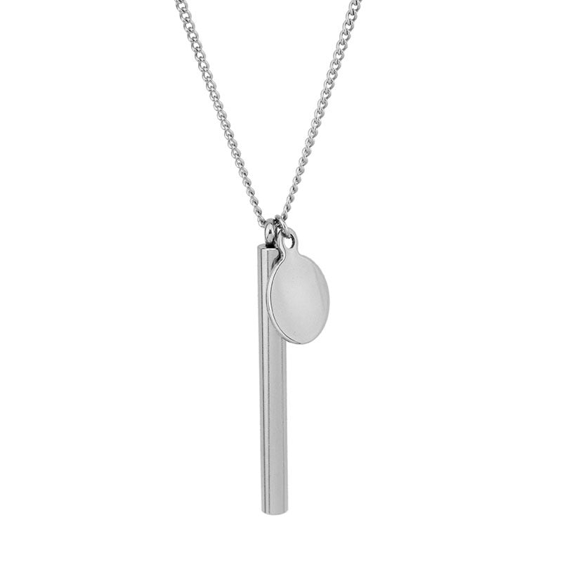 Minimal Stainless Steel Double Pendant Necklace – Long Bar & Round Disc Chain for Unisex