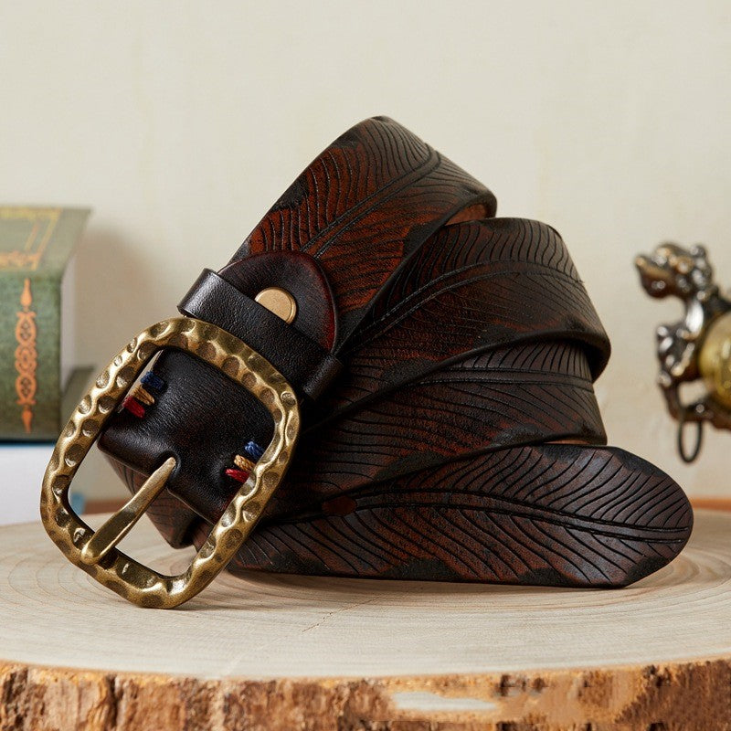 Vintage Engraved Buckle Leather Belt for Men – Heritage Design with Premium Finish