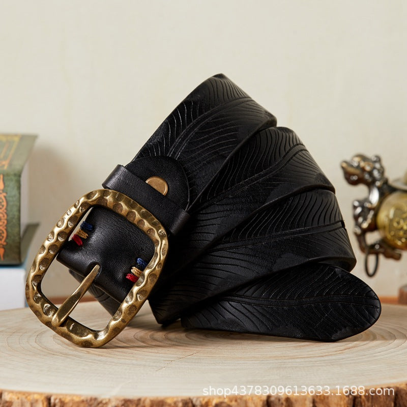 Vintage Engraved Buckle Leather Belt for Men – Heritage Design with Premium Finish