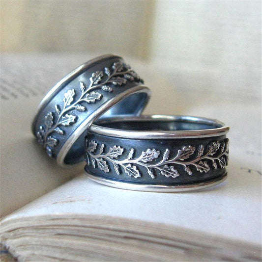 Vintage Leaf Engraved Silver Ring – Retro European & American Style Band for Men & Women